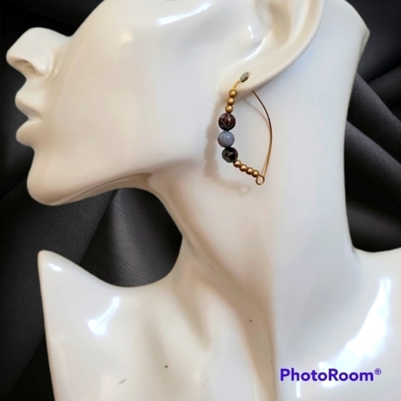HANDMADE Western Czech Glass Bloodstone Beaded Open Hoop Earrings - Picture 1 of 4
